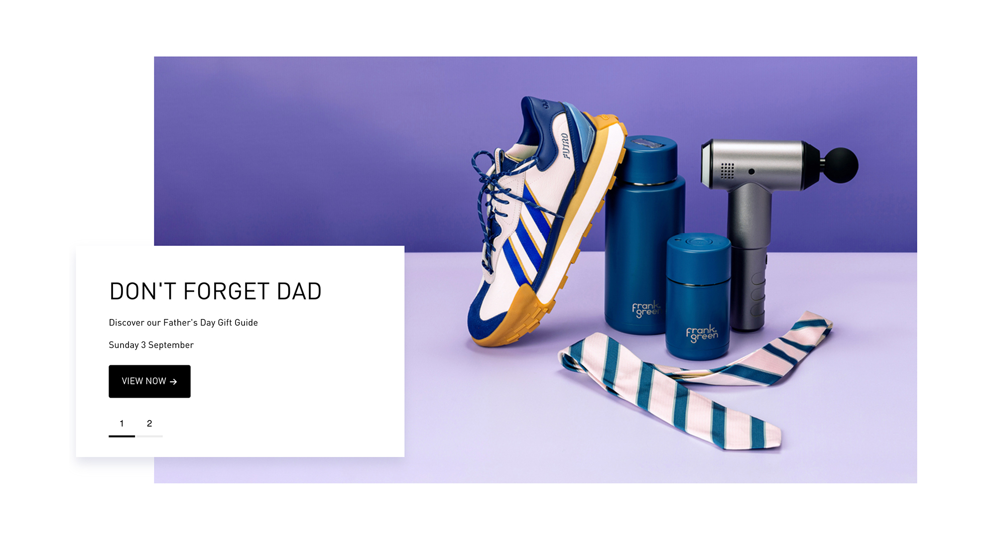 screenshot of Highpoint Shopping centre website home page, featuring one of the product images: a sneaker, tie, massage gun, frank green waterbottle