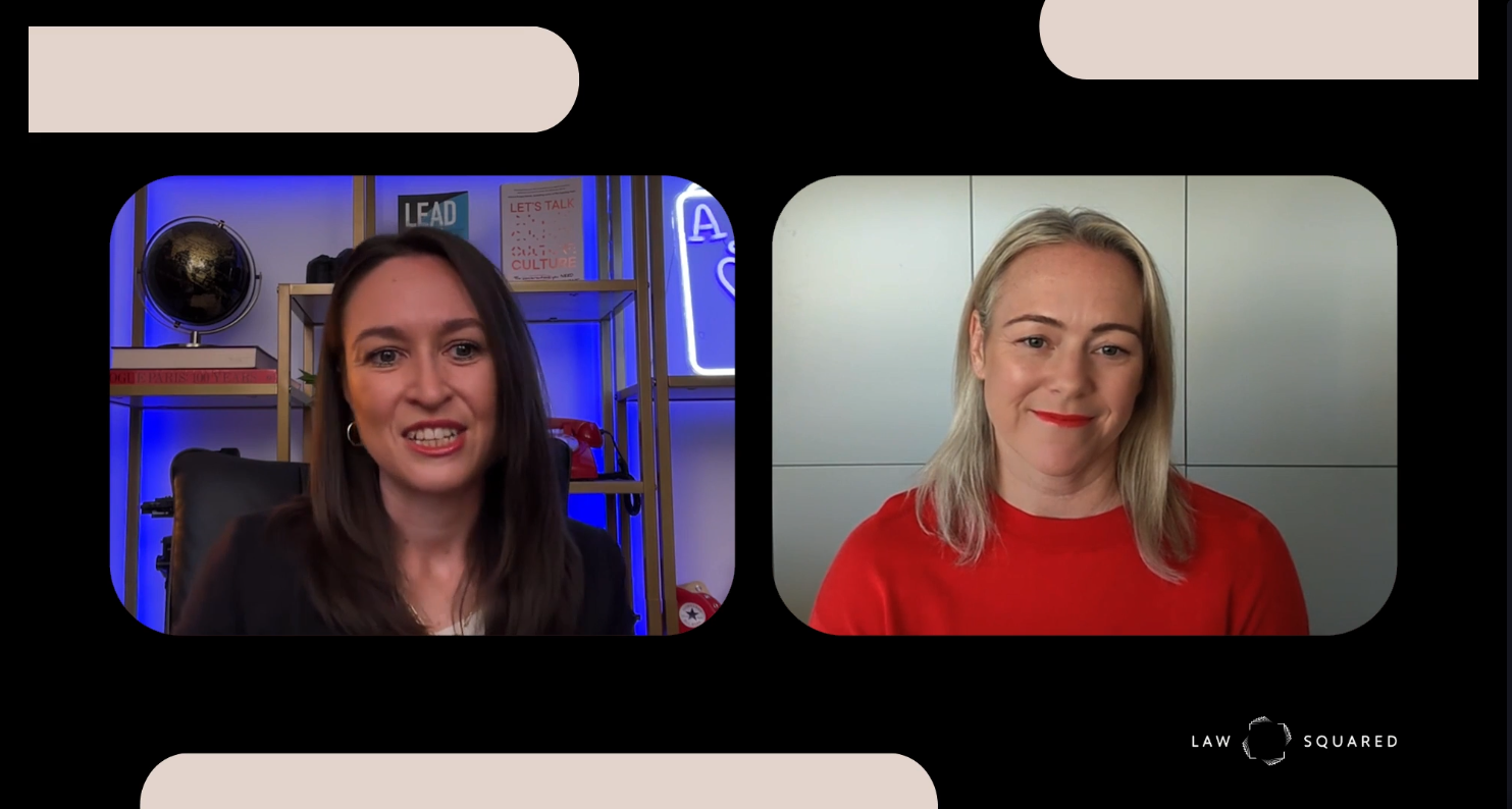 Two speakers on screen of Law Squared webinar